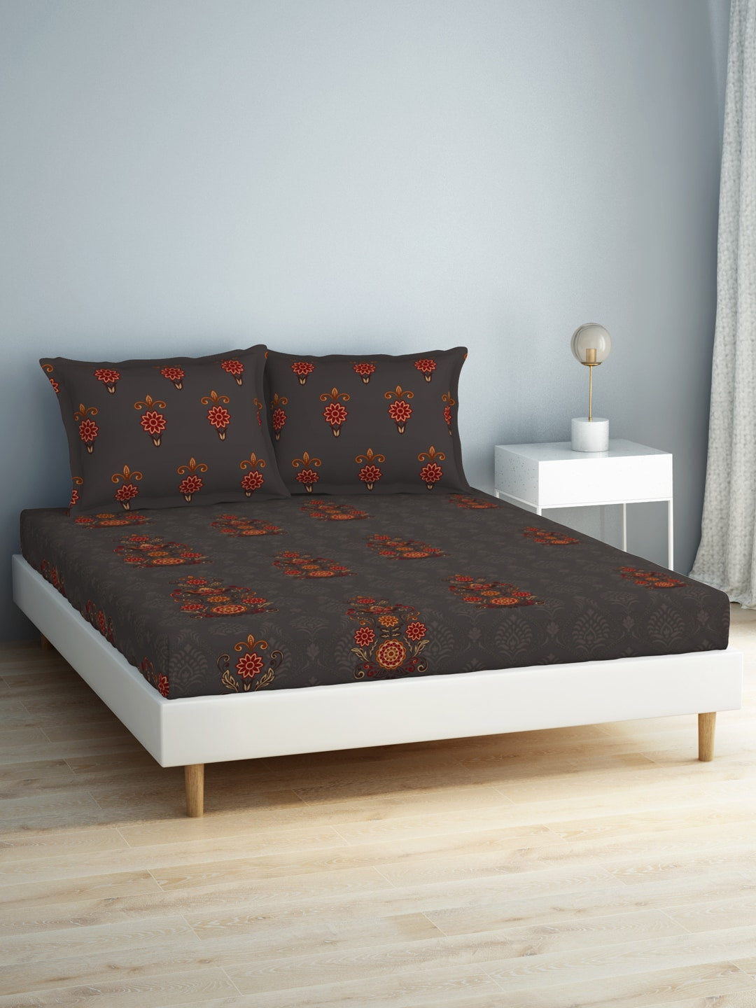 SPACES Aurum Grey Ethnic Motifs Pure Cotton 140 TC Queen Bedsheet with 2 Pillow Covers | Grocsy
