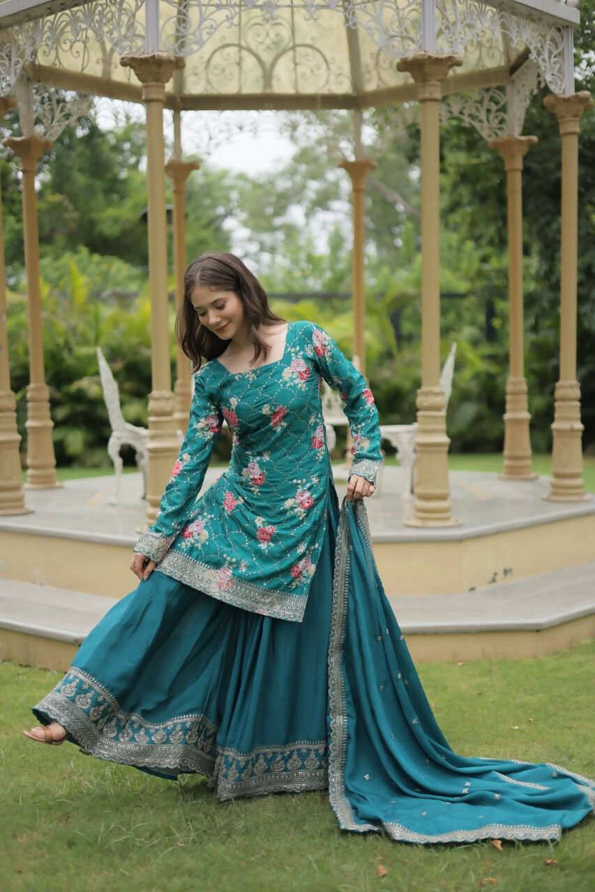 Vastranavya Premium Designer Printed With Sequins & Thread Embroidered work Kurti Palazzo & Dupatta - Firozi | Grocsy