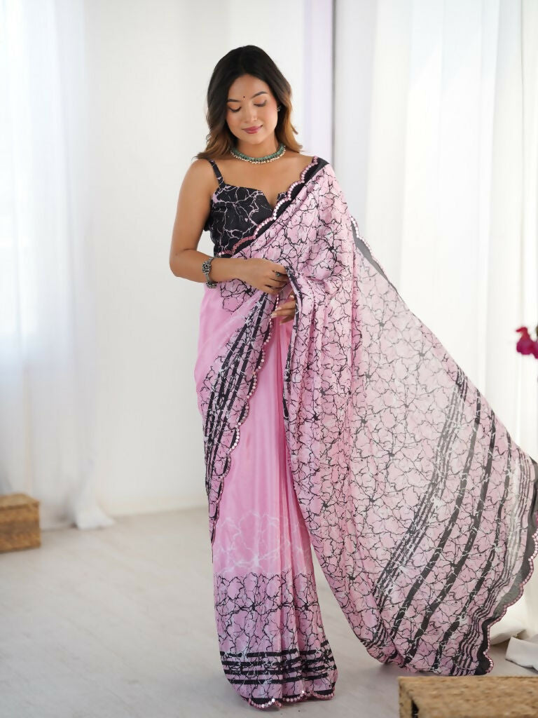 Pink Chinon Designer Digital Printed,Mirror Cut Work Saree - Sohni | Grocsy