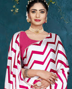 Pink Japan Satin Stripe Printed Saree With Unstitched Blouse Piece - Laavanya | Grocsy