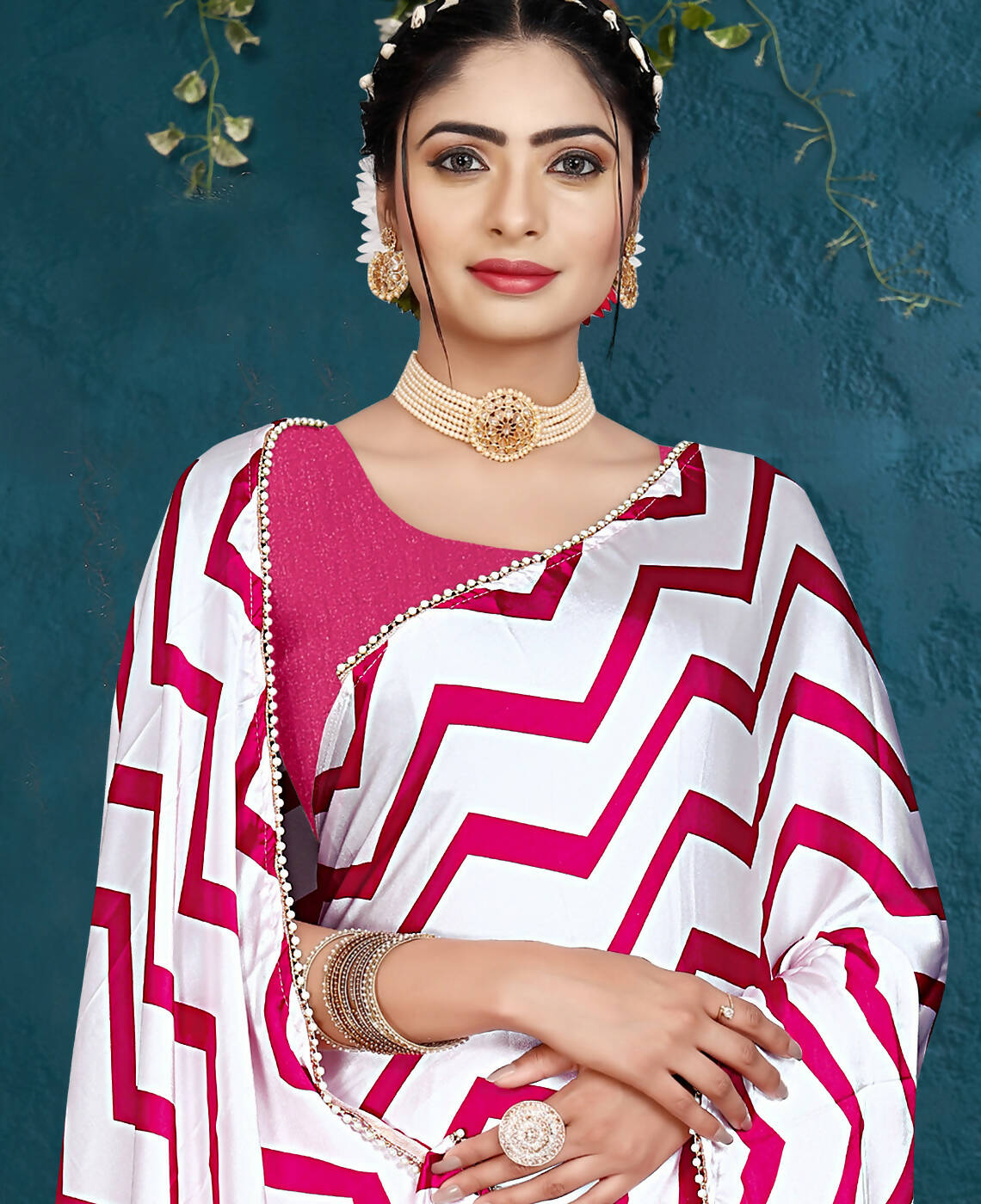 Pink Japan Satin Stripe Printed Saree With Unstitched Blouse Piece - Laavanya | Grocsy