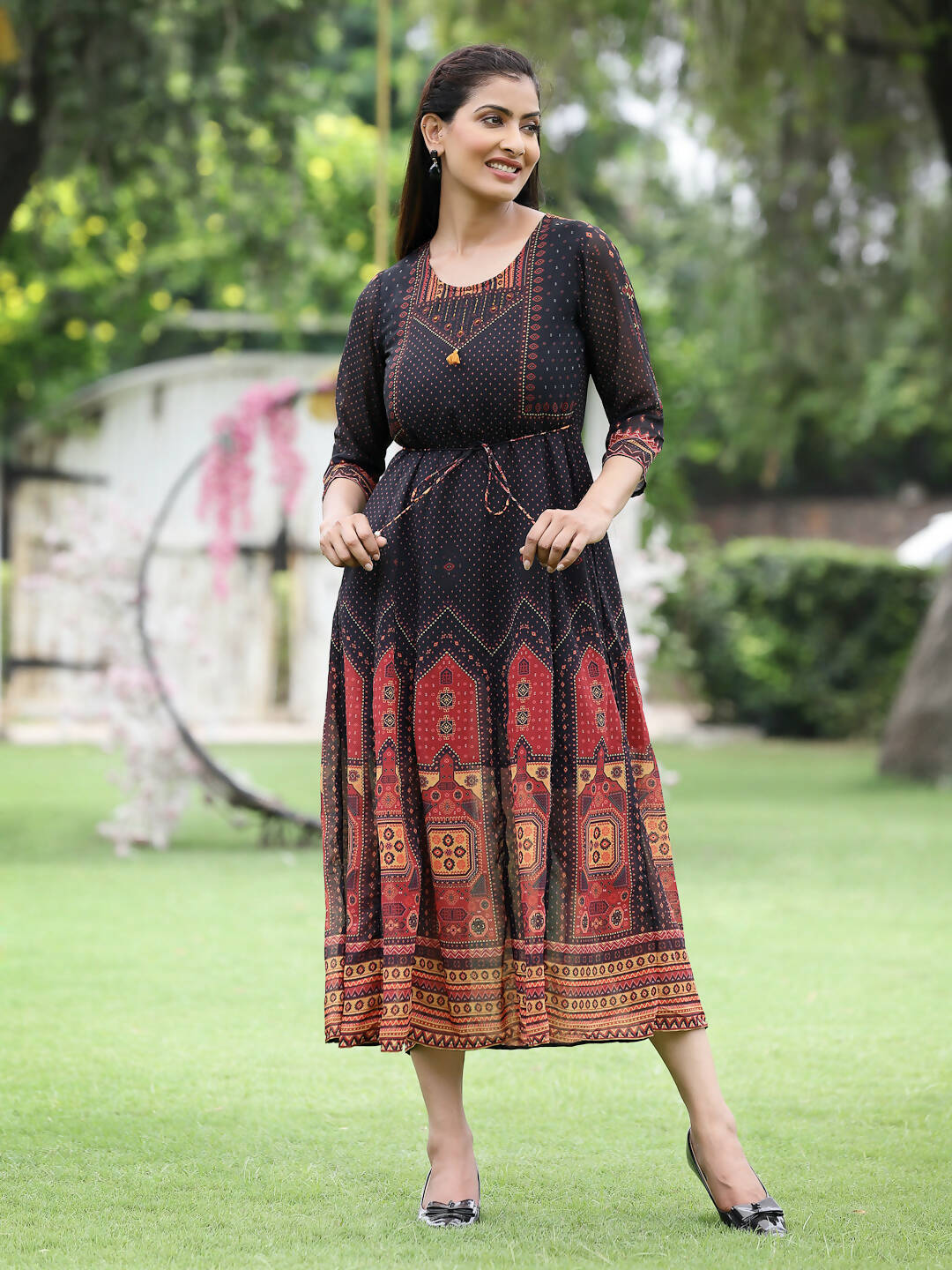 Juniper Black Georgette Festive Printed A-Line Dress For Women | Grocsy