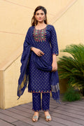 Jyoti Fashion Women's Blue 14KG Rayon Foil Print with Embroidery Kurta Set | Grocsy
