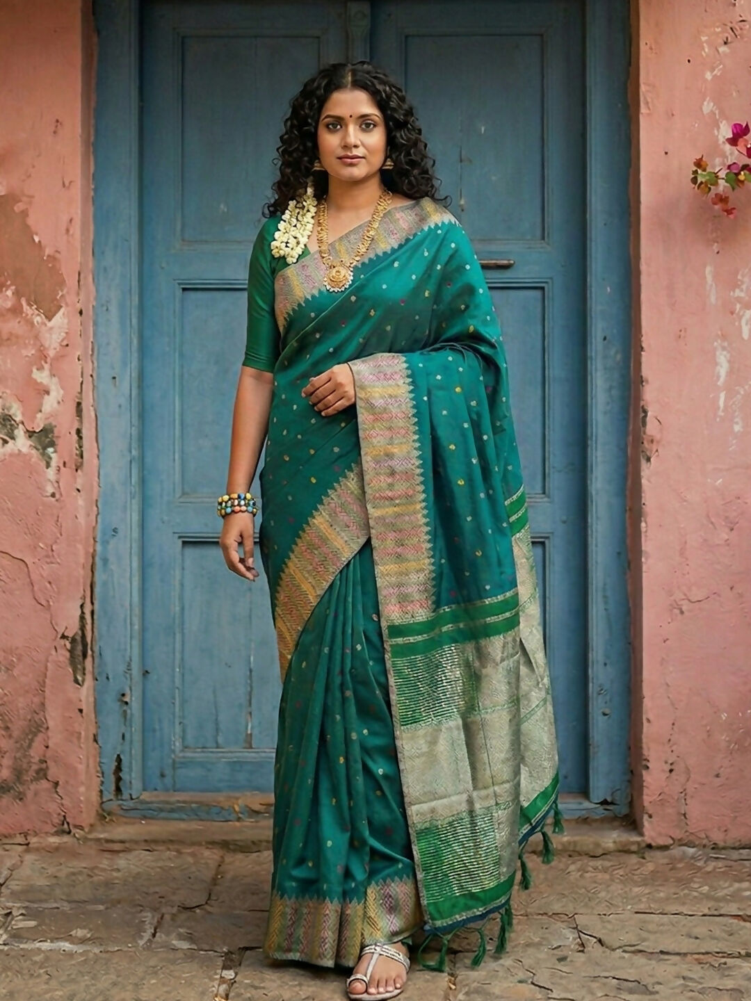 Shree Shyam Fashion Dark Green Silk Blend Saree | Grocsy