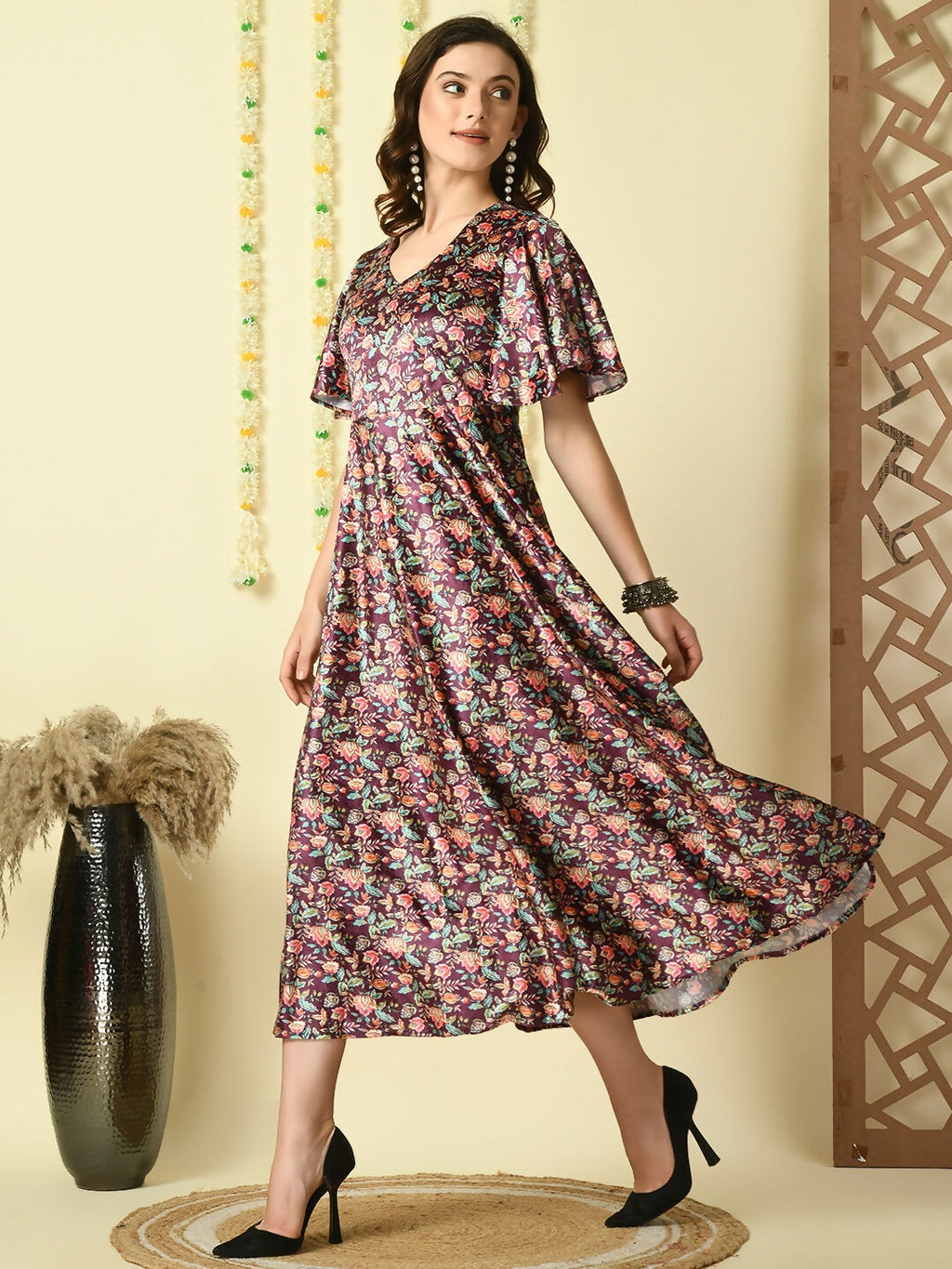 Myshka Women's Multi Printed Velvet Party Dress | Grocsy