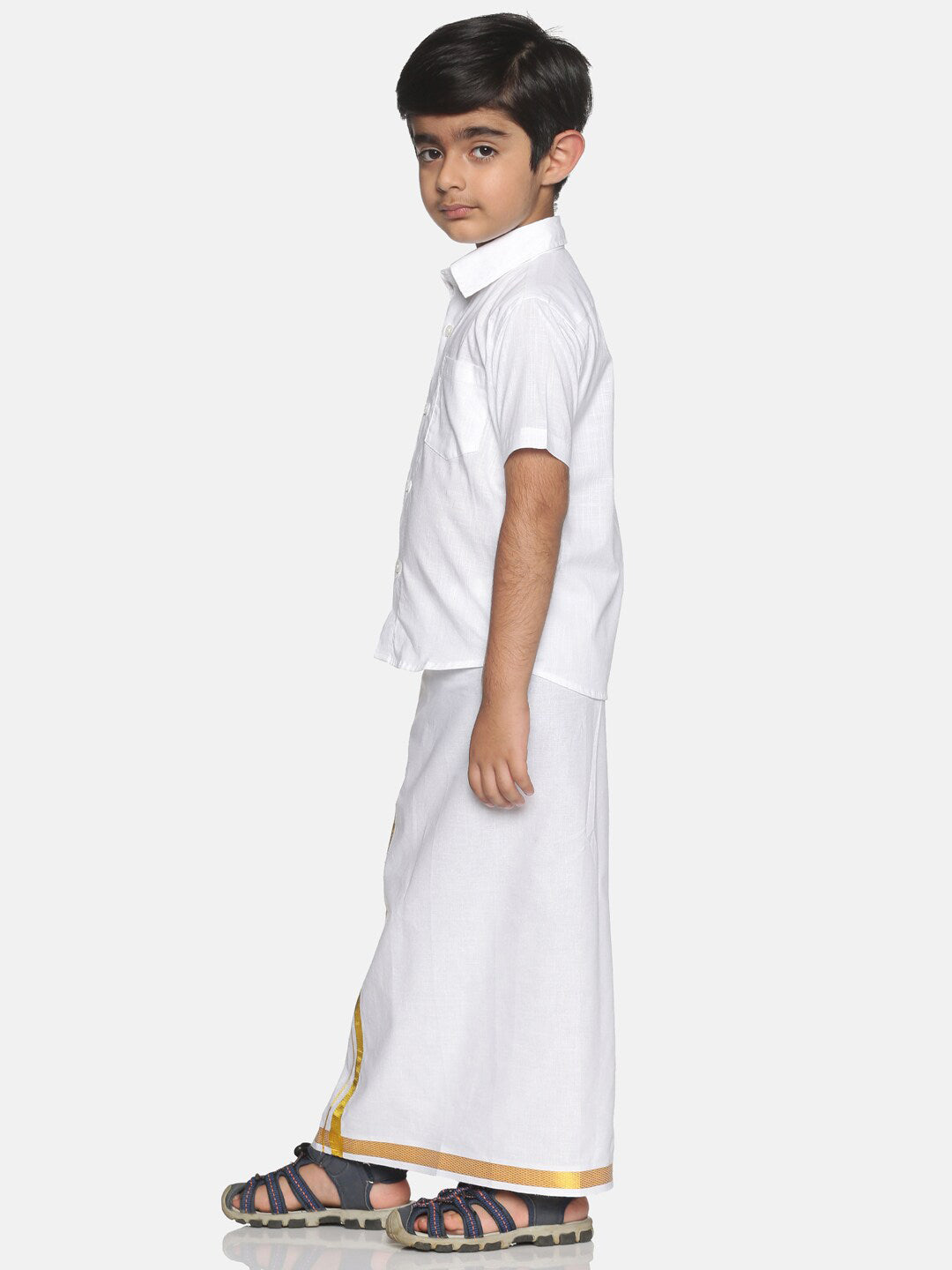 Sethukrishna Boys White & Gold-Toned Pure Cotton Solid Shirt and Veshti Set | Grocsy