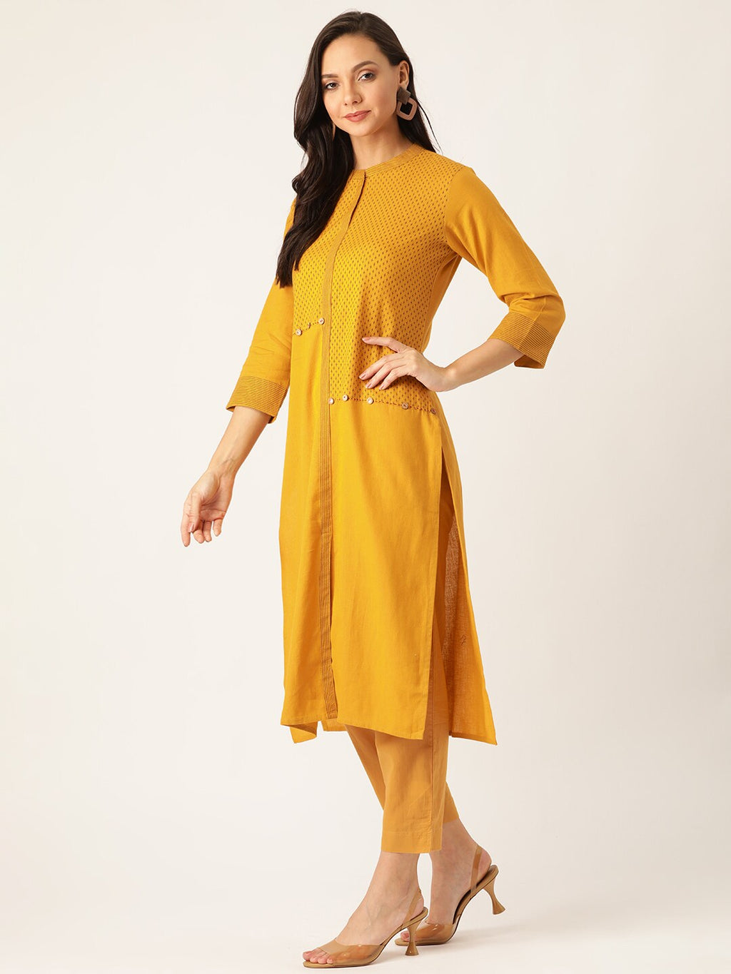 Sangria Women Mustard Yellow & Black Printed Kurta with Trousers | Grocsy