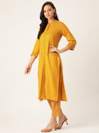 Sangria Women Mustard Yellow & Black Printed Kurta with Trousers | Grocsy