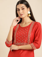 All About You Women Red Woven Design Kurta with Trousers | Grocsy