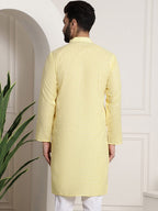 Sojanya Men Yellow Dobby Self-Checked Straight Kurta | Grocsy
