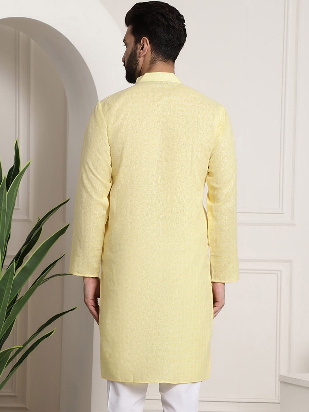 Sojanya Men Yellow Dobby Self-Checked Straight Kurta | Grocsy