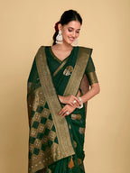 Sangria Green Ethnic Motifs Zari Linen Blend Saree | Grocsy