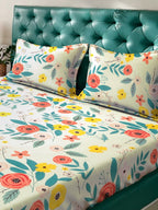 KLOTTHE White & Grey Floral Print 300 TC Fitted Double King Bedsheet With 2 Pillow Covers | Grocsy