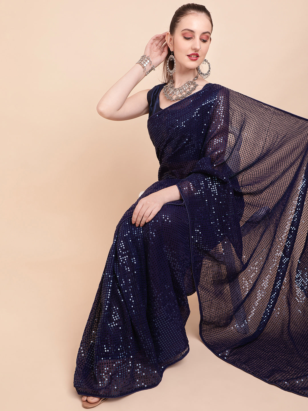 Sangria Navy Blue & Silver-Toned Sequin Embellished Pure Georgette Saree | Grocsy
