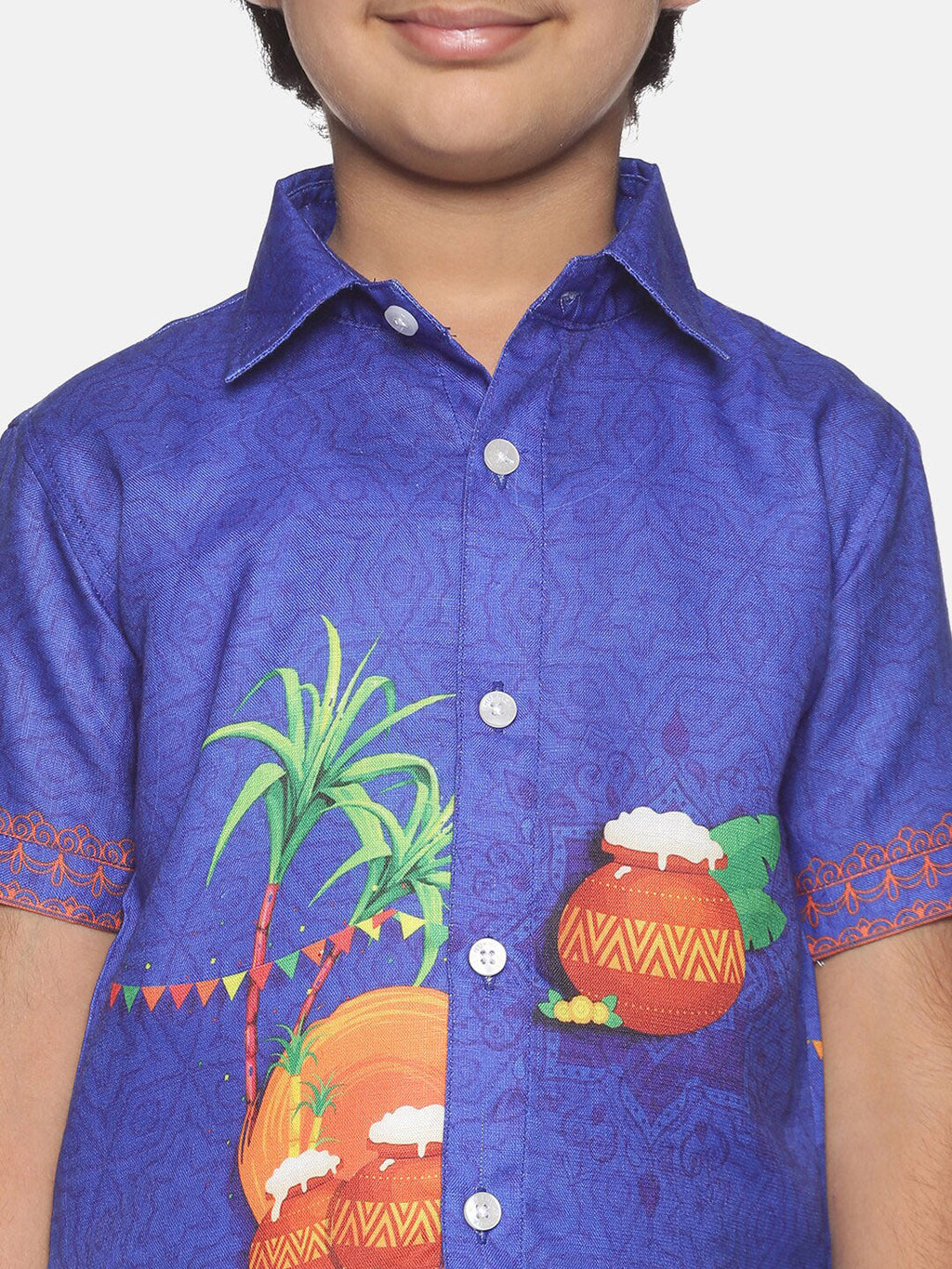 Sethukrishna Boys Blue & White Printed Shirt With Pure Cotton Dhoti Set | Grocsy