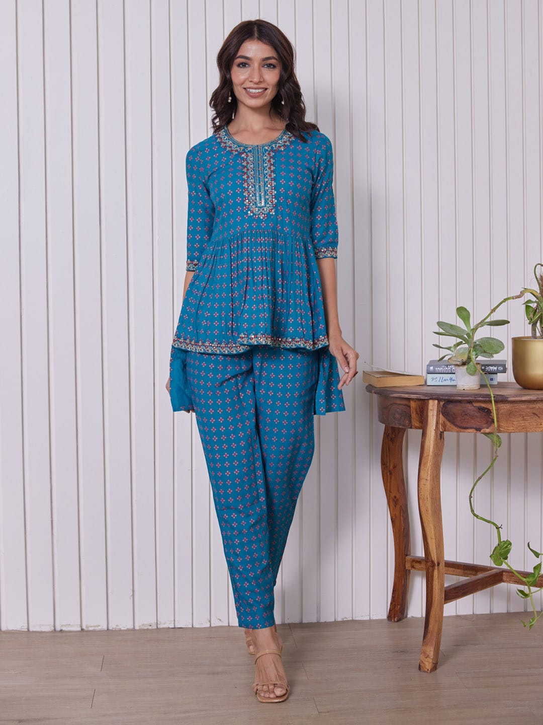 HERE&NOW Ethnic Motifs Embroidered Thread Work & Sequinned High-Low Kurti with Trousers | Grocsy