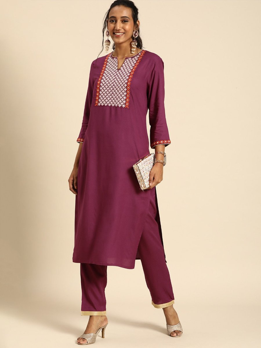 All About You Women Purple Ethnic Motifs Yoke Design Regular Thread Work Kurta with Trousers | Grocsy