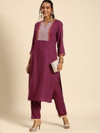 All About You Women Purple Ethnic Motifs Yoke Design Regular Thread Work Kurta with Trousers | Grocsy