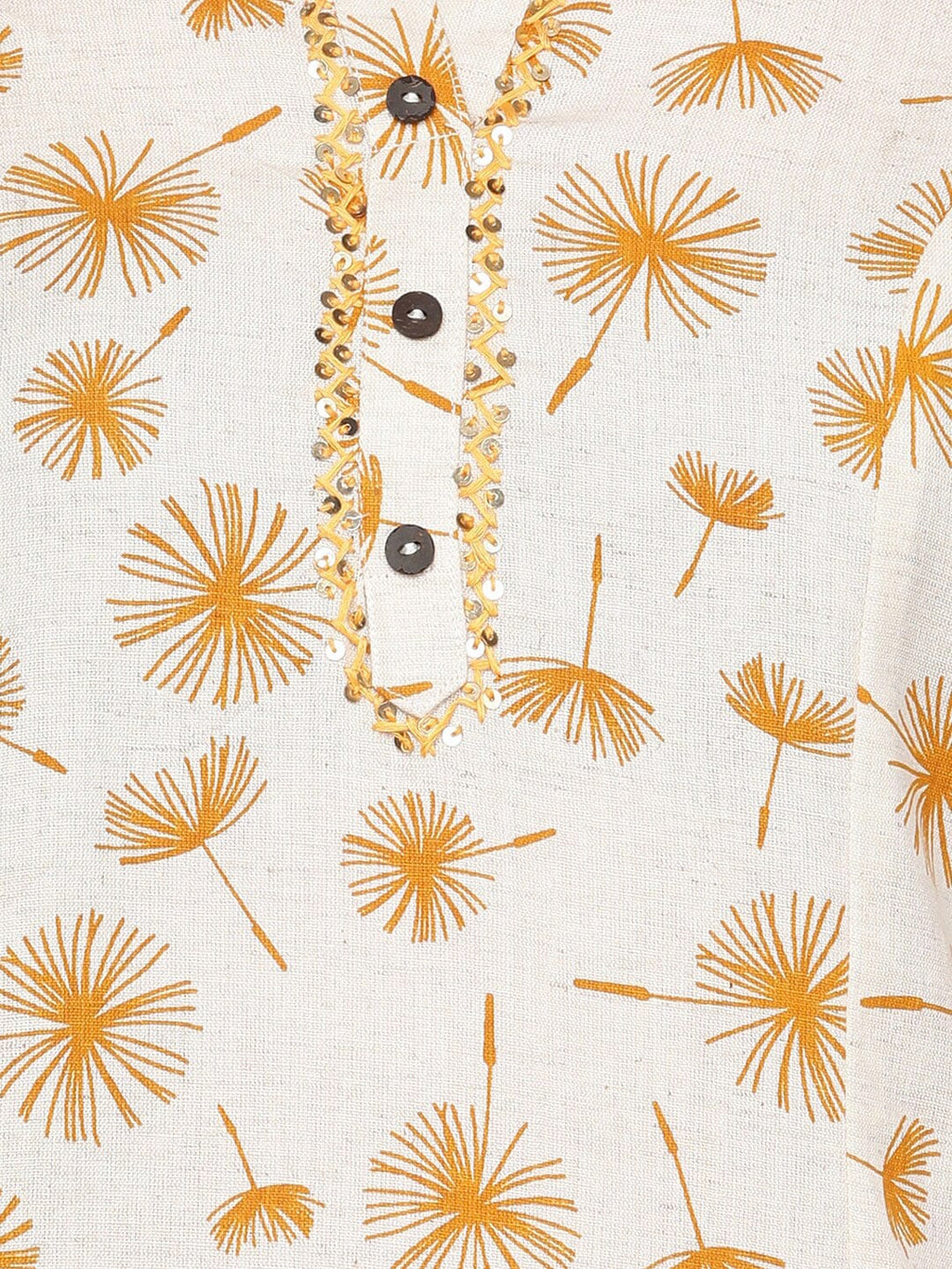 HERE&NOW Off White & Mustard Yellow Floral Printed Thread Work Sequinned Cotton Kurta | Grocsy