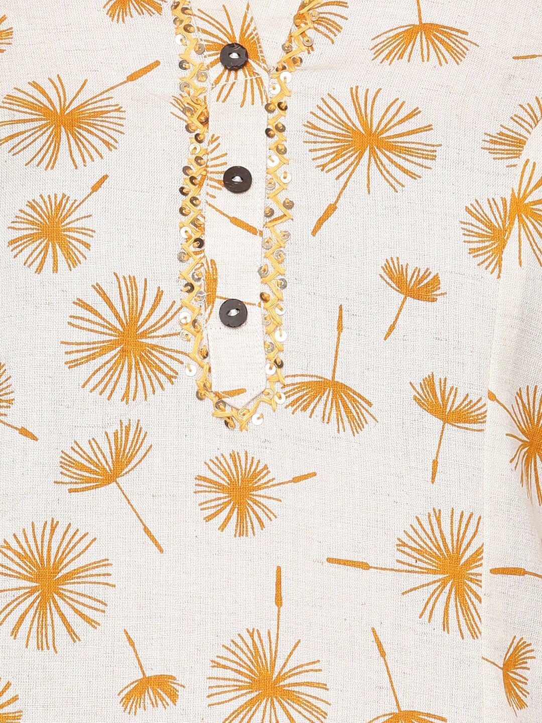HERE&NOW Off White & Mustard Yellow Floral Printed Thread Work Sequinned Cotton Kurta | Grocsy