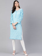 ADA Women Blue & White Chikankari Embroidered Sheer Straight Sustainable Handloom Kurta | Grocsy