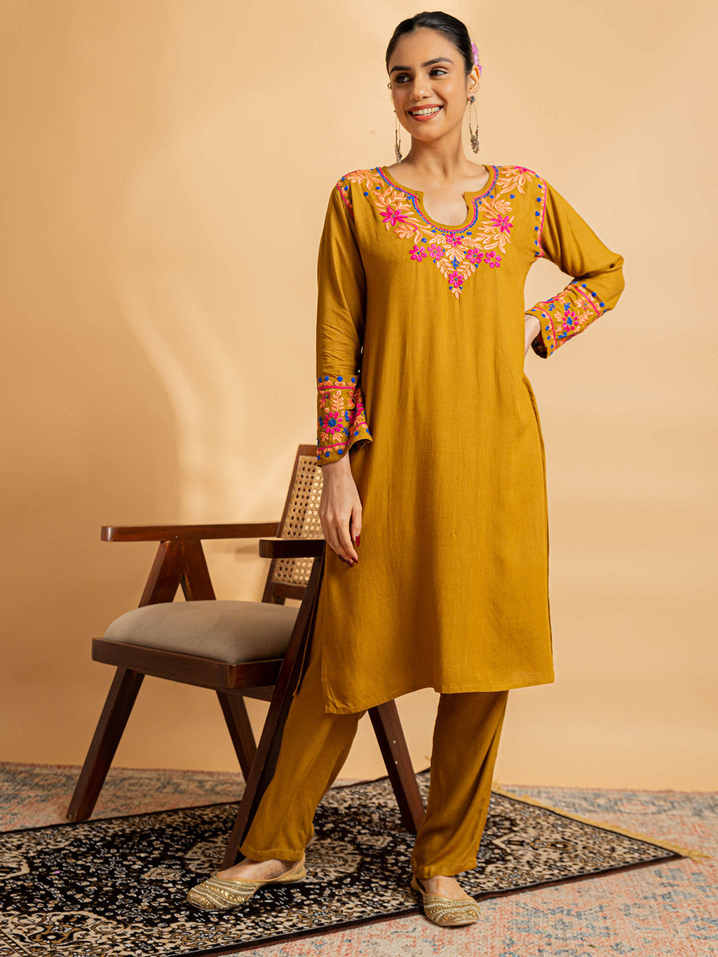 HOUSE OF KARI Floral Yoke Design Chikankari Kurta With Palazzo | Grocsy