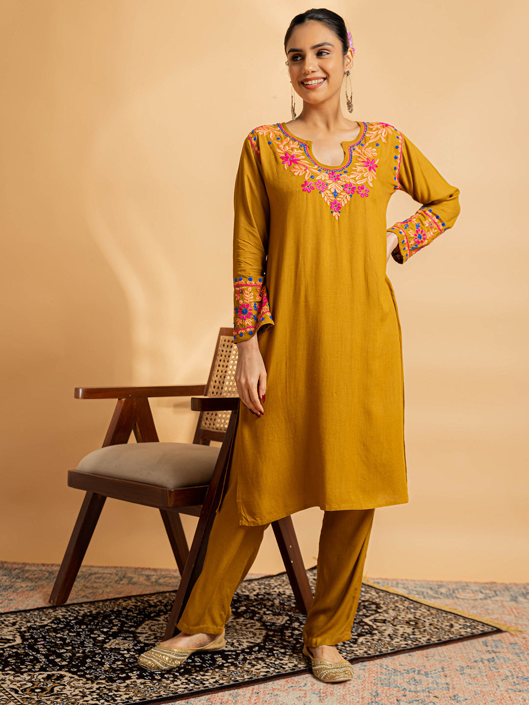HOUSE OF KARI Floral Yoke Design Chikankari Kurta With Palazzo | Grocsy