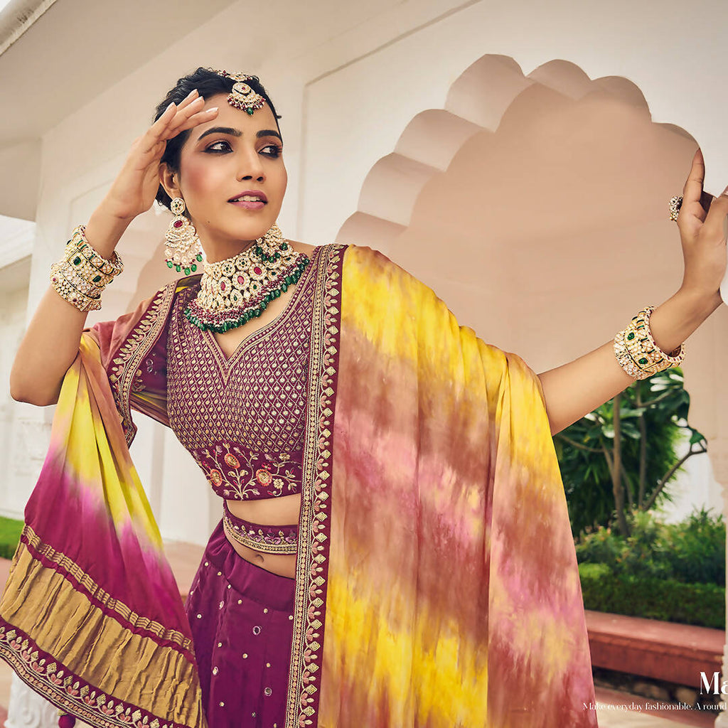 Wine Heavy Viscose Khatli, Embroidery & Mirror Work Unstitched Lehenga Choli - Sisha Keshav | Grocsy