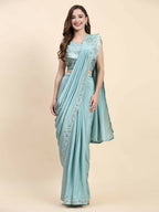 Sky Blue Silk Satin Solid Ready to wear Saree with stitched Blouse - Satiksha | Grocsy