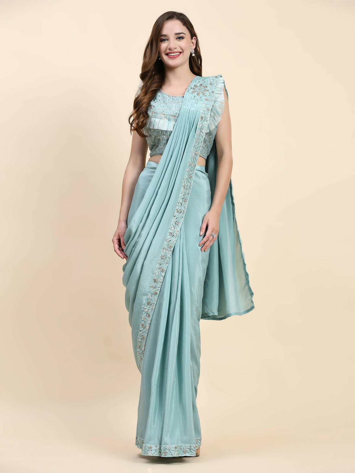 Sky Blue Silk Satin Solid Ready to wear Saree with stitched Blouse - Satiksha | Grocsy