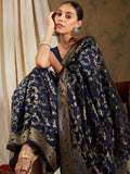 Sangria Navy Blue & Gold-Toned Floral Woven Design Zari Silk Blend Banarasi Saree | Grocsy