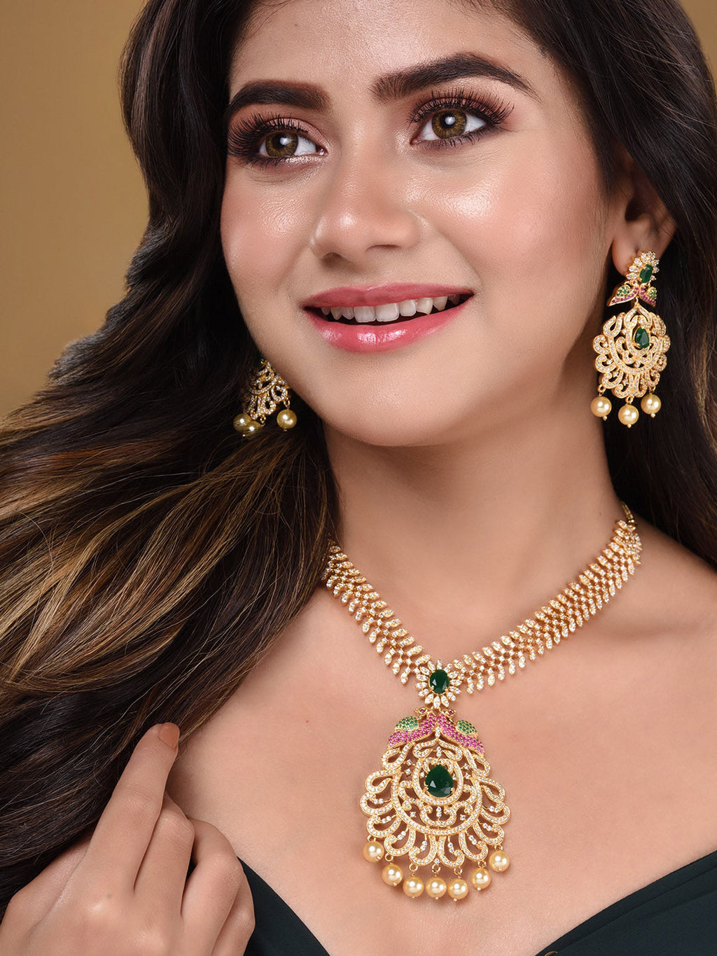 Saraf RS Jewellery Women Gold and Green Gold-Polished Jewellery Set | Grocsy