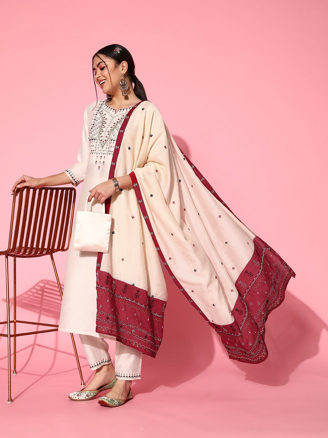 Sangria Women White Ethnic Motifs Embroidered Thread Work Kurta With Trousers & Dupatta | Grocsy