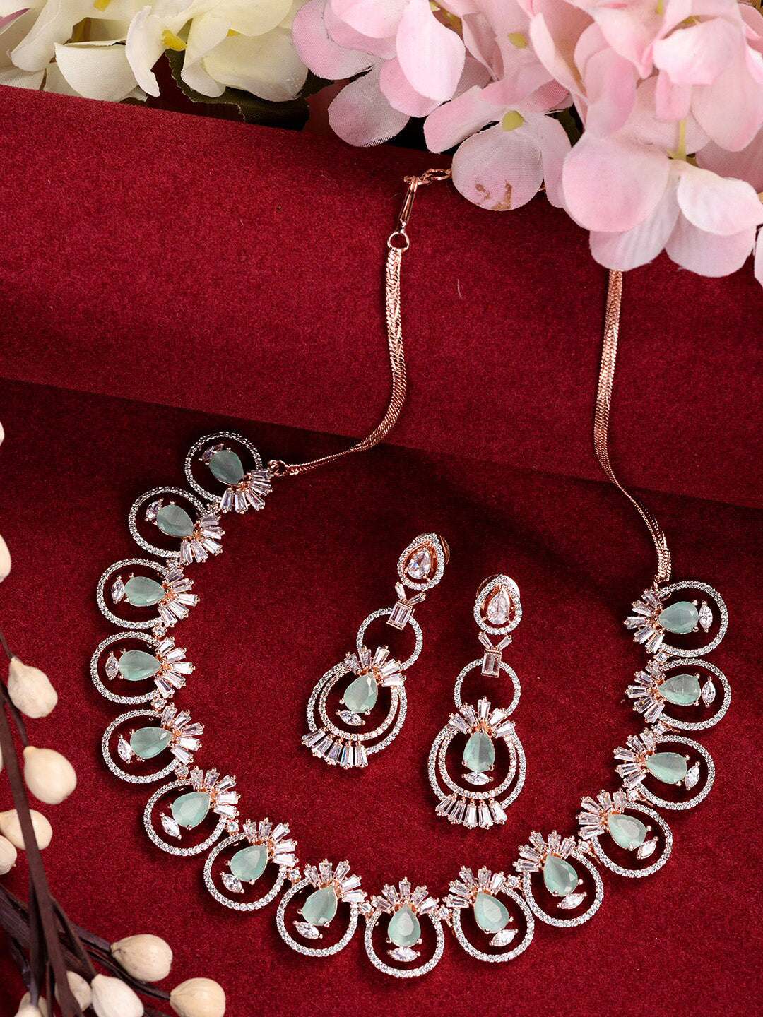Saraf RS Jewellery Rose Gold-Polished & Sea Green American Diamond Studded Jewellery Set | Grocsy