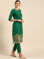 All About You Women Green & Gold Printed Regular Kurta with Trousers | Grocsy