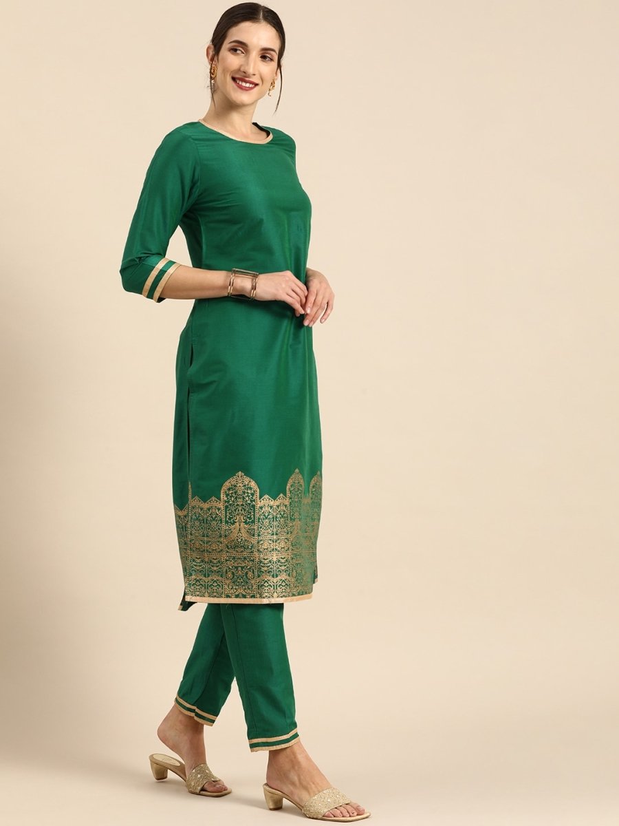 All About You Women Green & Gold Printed Regular Kurta with Trousers | Grocsy