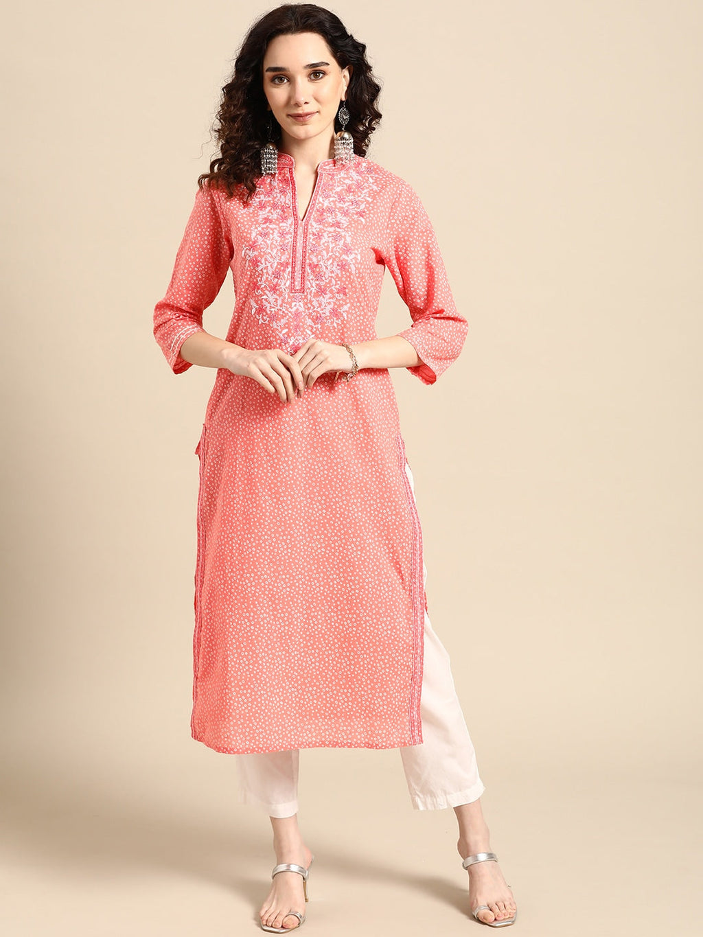 Sangria Women Pink Bandhani Printed Thread Work Pastels Kurta | Grocsy