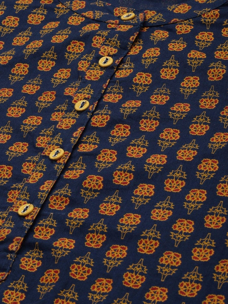 All About You Women Navy Blue & Gold-Toned Ethnic Motifs Printed Regular Kurta | Grocsy