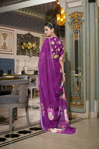 Vastranavya Purple Spectacular Georgette Printed with Pearl Lace Saree with Unstitched Blouse | Grocsy
