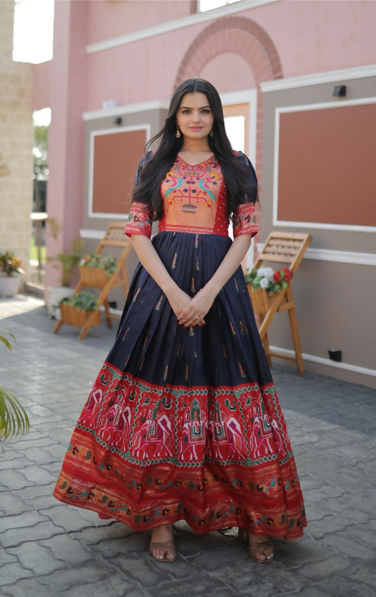 Jyoti Fashion Women's Navy Blue Patola with Foil Print Dola Silk Anarkali Dress | Grocsy