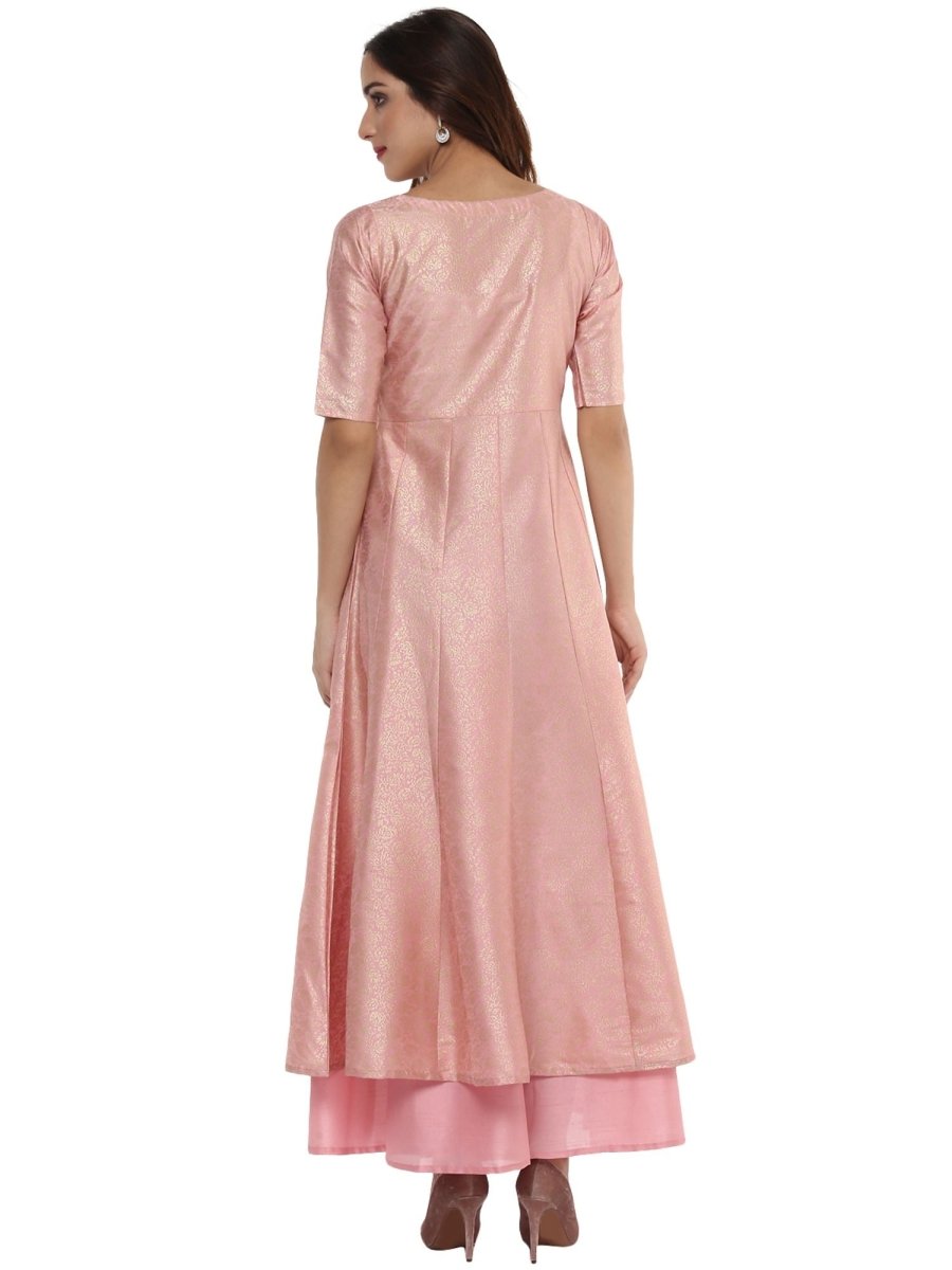 Ahalyaa Women's Pink Poly Silk Gold Foil Print Kurta | Grocsy