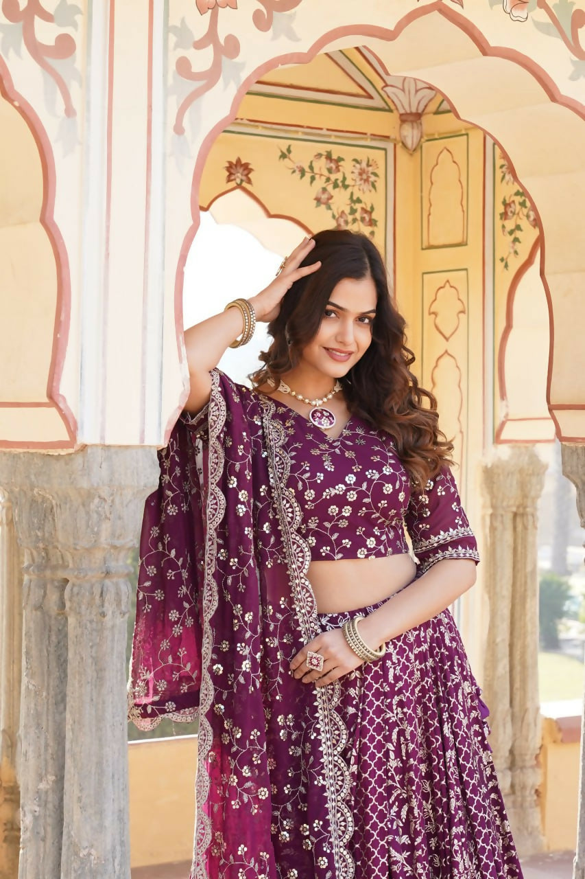 Lorenvalley Purple Pure Viscose Jacquard With Embroidered Sequins work Lehenga Choli | Grocsy