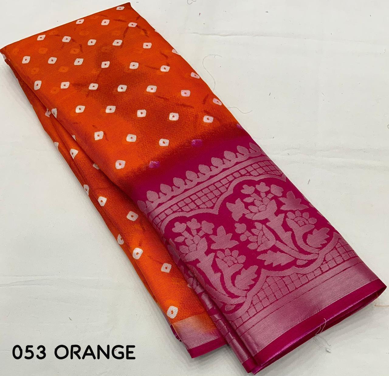 Orange Jute Silk Printed Saree with Unstitched Blouse - Hiral Fashion | Grocsy
