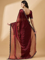 Brown Organza Swaroski Diamond Work Saree with Unstitched Blouse - Radha | Grocsy
