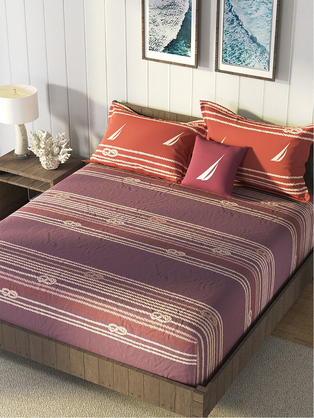 Nautica Purple & Orange Striped Cotton 160 TC King Bedsheet With 2 Pillow Covers | Grocsy