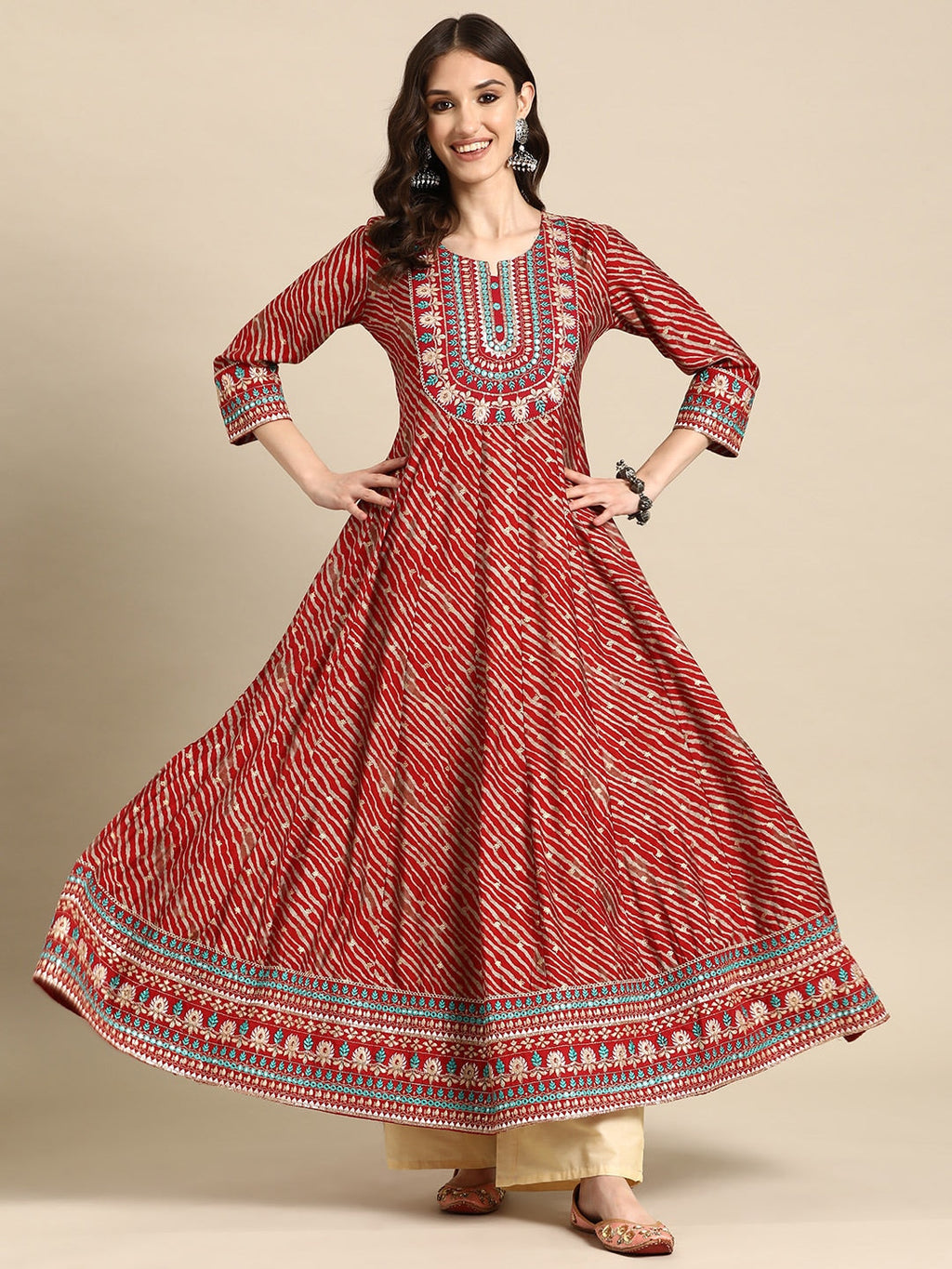 Sangria Women Floral Embroidered Mirror Work Anarkali Kurta | Grocsy