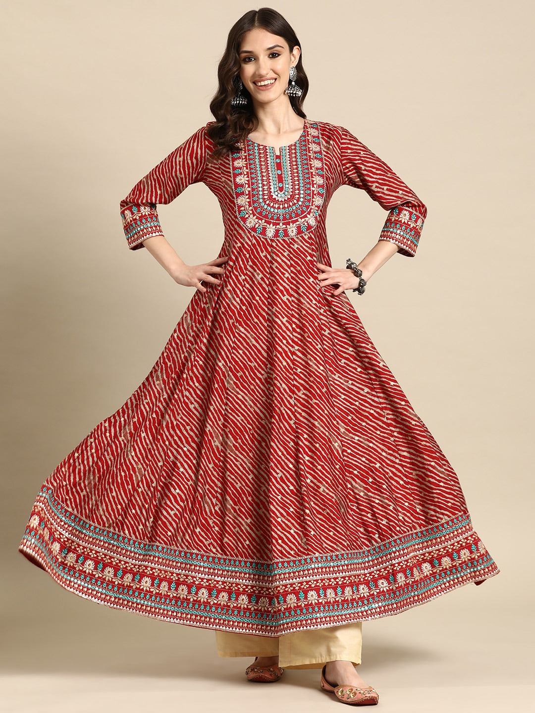 Sangria Women Floral Embroidered Mirror Work Anarkali Kurta | Grocsy