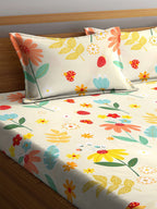 KLOTTHE White & Yellow Printed 300 TC Double King Fitted Bedsheet With 2 Pillow Covers | Grocsy