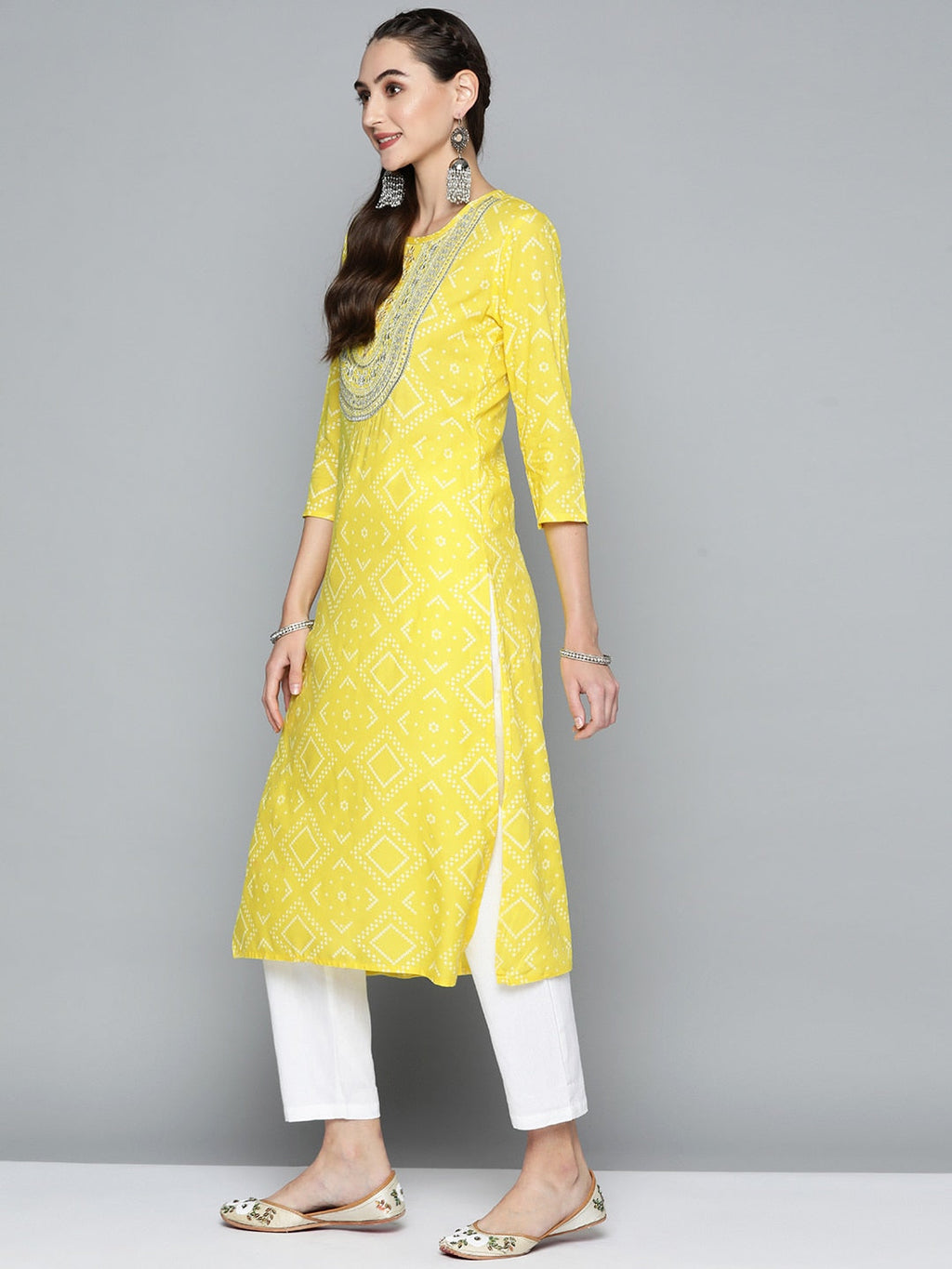 HERE&NOW Women Yellow & White Ethnic Motifs Printed Embroidered Work Kurta | Grocsy