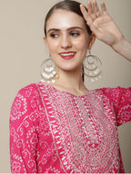 Sangria Women Pink & White Bandhani Printed Thread Work Kurta | Grocsy